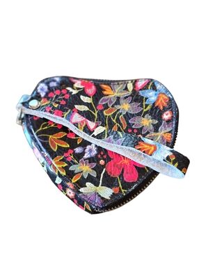 Floral Heart Black Leather Handcrafted Wristlet Pouch